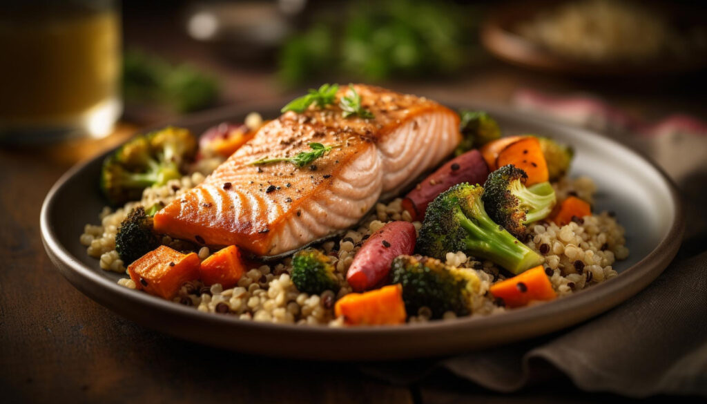 grilled salmon fillet with fresh vegetables salad generated by ai | Servida Alimentos - Inovação e Qualidade em Alimentos Ultracongelados